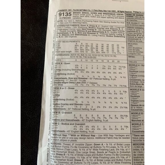 McCall's Misses Bridal Gown and Bridesmaid Dress Sewing Pattern Sz 10 - 14 9135 - Picture 7 of 10